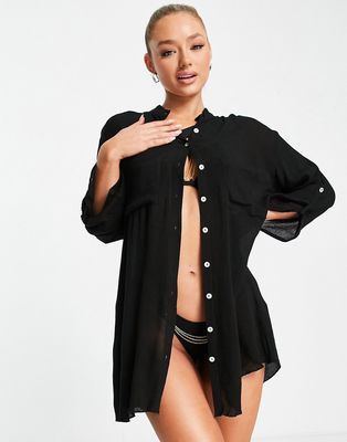 South Beach oversized double pocket beach shirt in black