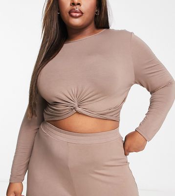 South Beach Plus jersey twist front long sleeve top in taupe-Brown