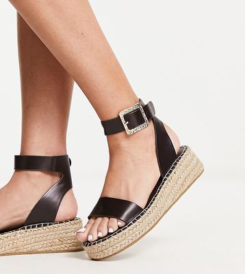 South Beach PU two part espadrille sandals with textured buckle in chocolate-Brown
