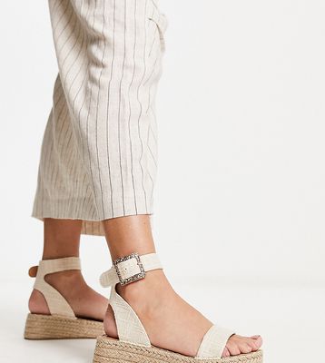 South Beach PU two part espadrille sandals with textured buckle in cream linen-White