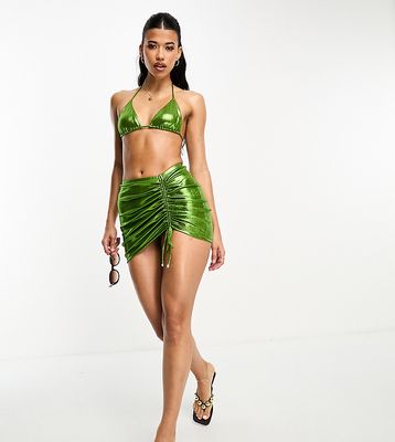 South Beach ruched mini swim skirt in green metallic