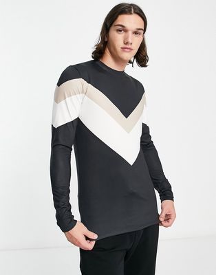 South Beach ski fleece back long sleeve v stripe top in black