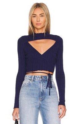 SOVERE Allure Wrap Knit Crop Top in Navy