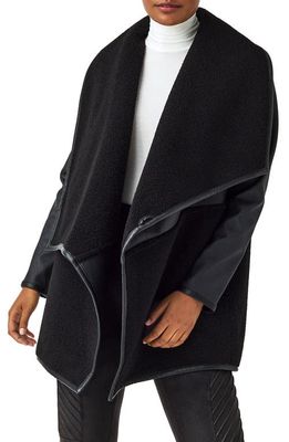 SPANX Fleece & Faux Leather Long Wrap Jacket in Very Black/Very Black