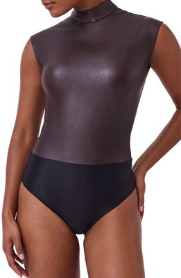SPANX Mock Neck Faux Leather Thong Bodysuit in Cherry Chocolate