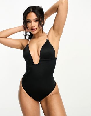 Spanx Suit Your Fancy low back thong smoothing plunge bodysuit in black
