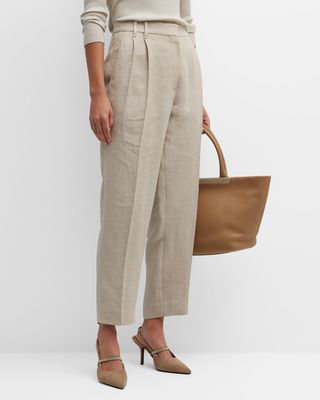 Sparkle Linen Twill Pleated Straight-Leg Trousers With Monili Trim