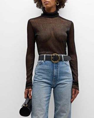 Sparkly Sheer Pleated Turtleneck Top