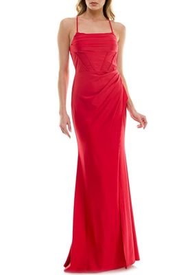 Speechless Pleated Lace-Up Back Sleeveless Gown in Red