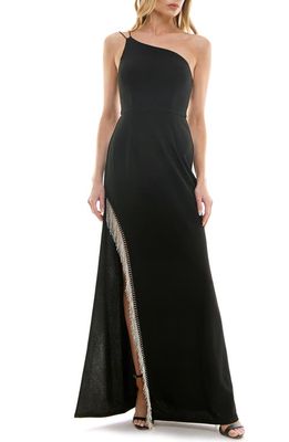 Speechless Rhinestone Fringe One-Shoulder Gown in Black/Silver