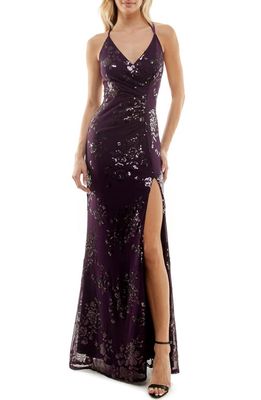 Speechless Sequin Ruched Mesh Dress in Eggplant