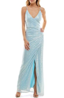 Speechless Sequin Wrap Bodice Gown in Sky Blue