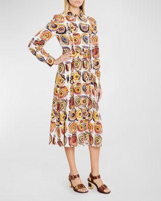 Spiral-Print Flared Midi Silk Dress
