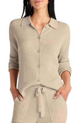 Splendid Georgie Elbow Sleeve Rib Button-Up Sweater in Heather Camel