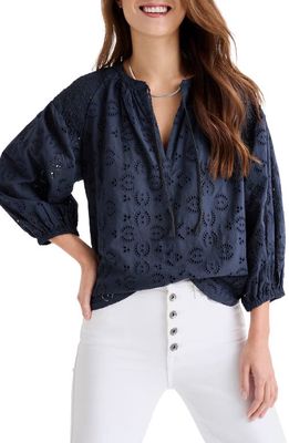 Splendid Taylor High-Low Cotton Eyelet Top in Navy