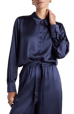 Splendid x Kate Young Stretch Silk Button-Up Shirt in Navy