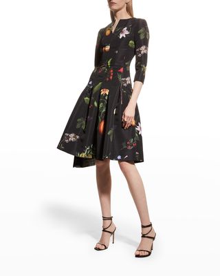 Split-Neck Garden Print Dress
