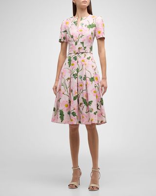 Split-Neck Painted Poppies Cloque Flare Dress With Self Belt