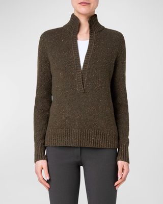 Split-V Collared Cashmere Tweed Sweater