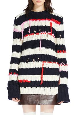 SPORTMAX Cresta Stripe Distressed Wool Sweater in Navy