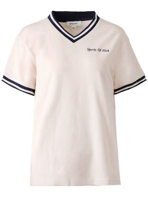Sporty & Rich logo-embroidered V-neck cotton T-shirt - White