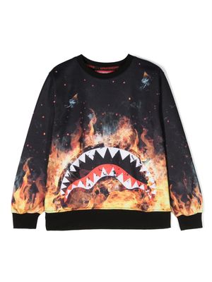 sprayground kid Shark On Fire crew-neck logo-print sweatshirt - Black