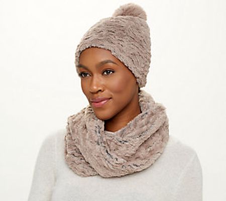 Sprigs Textured Faux Fur Beanie and Scarf Set