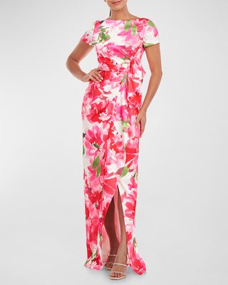Spring Watercolor-Print Ruffle Column Gown