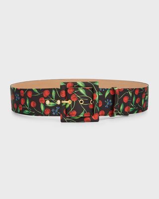 Square-Buckle Cherry-Print Wide Belt