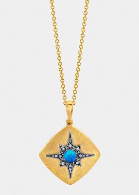 Square Locket with Opal and Diamond Starburst on 22K Gold Chain
