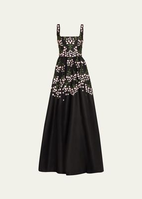 Square-Neck Embroidered Floral Applique Gown