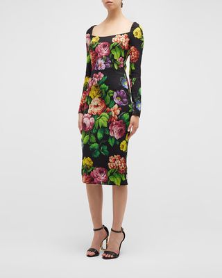 Square-Neck Floral-Print Charmeuse Midi Dress