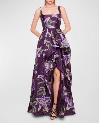 Square-Neck High-Low Floral Jacquard Gown