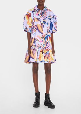 Squiggle-Embroidered Ruffle Button-Down Dress