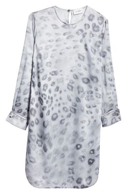 St. John Collection Blur Leopard Long Sleeve Satin Dress in Light Grey Multi