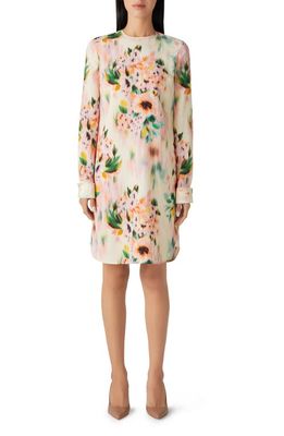 St. John Collection Blurred Floral Print Silk Blend Shift Dress in Ecru/Peach Multi