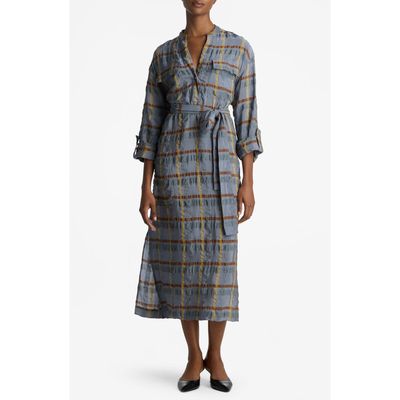 St. John Collection Check Belted Seersucker Midi Shirtdress in Tahoe Slate/Saddle Multi 