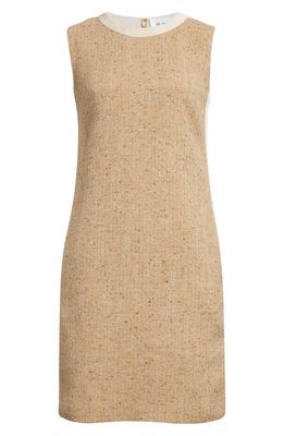 St. John Collection Crepe Trim Sleeveless Tweed Dress in Light Sand