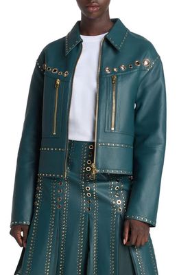 St. John Collection Embellished Leather Jacket in Prussian Blue