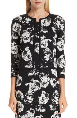 St. John Collection Floral Blister Knit Cardigan in Caviar/Cream