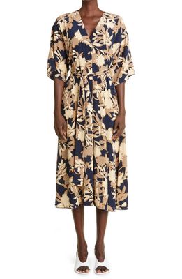 St. John Collection Floral Print Belted Silk Blend Midi Dress in Navy Multi