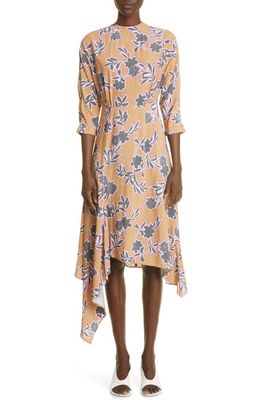 St. John Collection Floral Print Handkerchief Hem Silk Blend Midi Dress in Camel Multi