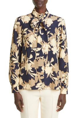 St. John Collection Floral Print Tie Neck Silk Blend Blouse in Navy Multi