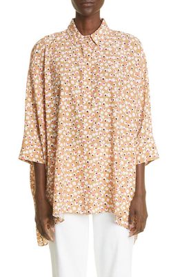St. John Collection Handkerchief Hem Silk Blend Button-Up Shirt in Camel Multi