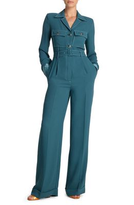 St. John Collection Long Sleeve Satin Back Crepe Jumpsuit in Prussian Blue