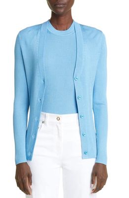 St. John Collection Mixed Rib V-Neck Cardigan in Blue