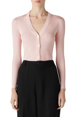 St. John Collection Mixed Rib V-Neck Cardigan in Light Pink