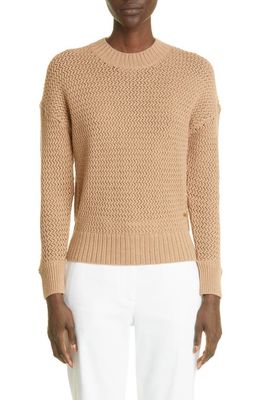 St. John Collection Open Knit Wool Sweater in Camel