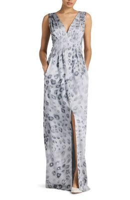 St. John Collection Painted Leopard Print Maxi Dress in Light Gray Multi