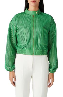 St. John Collection Perforated Leather Bomber Jacket in Green